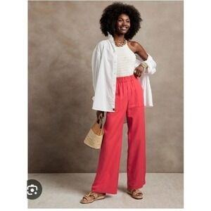 Banana Republic 100% LINEN Pants Elastic Waist Drawstring Wide Leg  9" Coral S